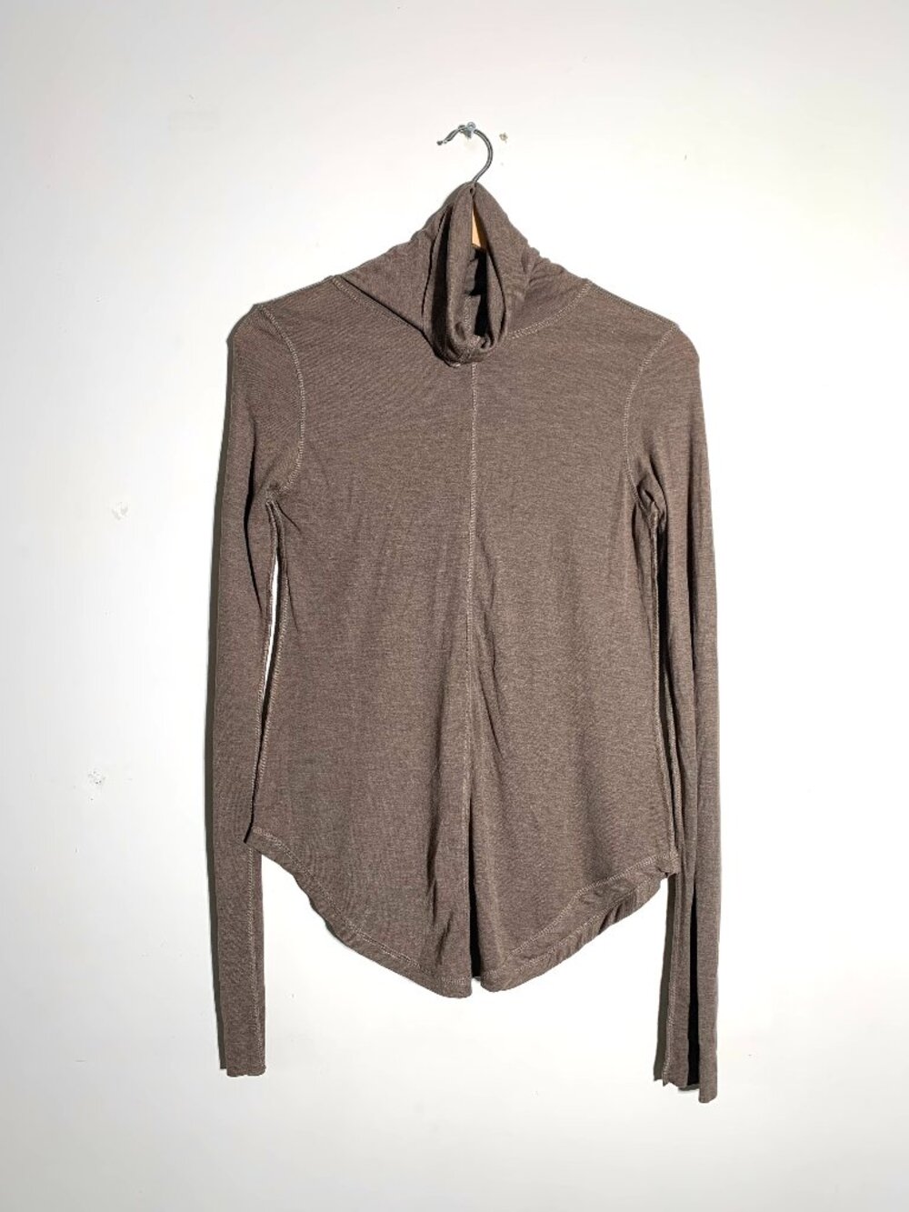 Aakasha Brown Turtleneck Top Asymmetric Tulip Hem Raw Edge Dystopian NWOT M